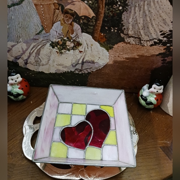 Handmade Stained glass heart ❤️💖 Candy 🍬 Dish Pink/Yellow and Red🥣Nice!🏘🎁 - Picture 6 of 11